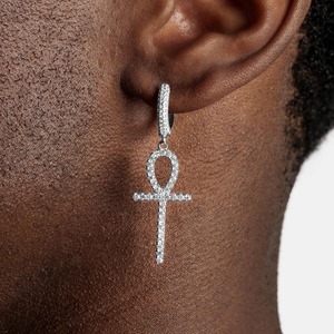 Boucles d'oreilles pendantes de luxe en argent avec croix Ankh pour hommes et femmes, style micro-pavé de diamants, bijoux hip-hop - Product Image 1