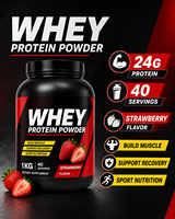 Poudre de Protéine de Lactosérum 1KG 24g de Protéines par Portion Supplément Nutritionnel Sportif Saveur Fraise Prise de Masse Musculaire Soutien à la Récupération OEM