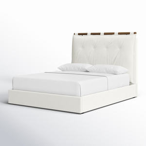 Lit en bois de teck massif personnalisé au design moderne et luxueux avec tissu doux et tête de lit en mousse pour meubles de chambre à coucher - Product Image 4