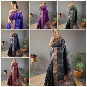 Saris de seda indios tradicionales con plata, cobre, forro Zari tejido y tejido Jacquard diseño de borde indio pakistaní - Product Image 4
