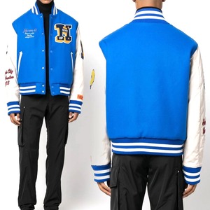 Chaqueta Universitaria Personalizada OEM 100% Lana con Mangas de Cuero, Parche Bordado en Chenilla y Letras para Hombre - Product Image 1