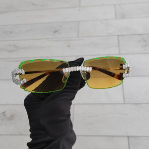 Luxury Rimless Crystal Square <b>Sunglasses</b> for Women UV400 Designer Green Trim Brown Gradient Fashion Eyewear - Product Image 1