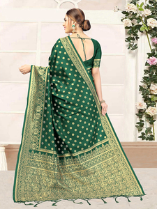 Trendmalls Saree en soie Banarasi pour femme avec chemisier non cousu Vêtements indiens et pakistanais S11-Darkgreen vert foncé - Product Image 4