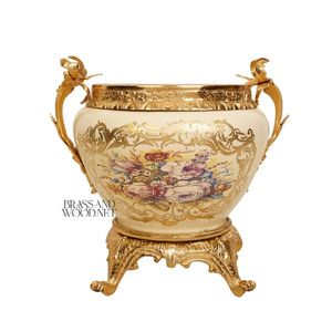 Maceta de Cerámica Beige de Lujo con Decoración de Latón Chapado en Oro - Product Image 2