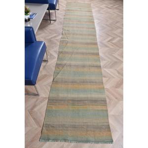 Turkish Kilim <b>Runner</b> Rug 2.5x13 ft (75x395 cm), Vintage <b>Green</b> Persian Wool Rug - Product Image 1