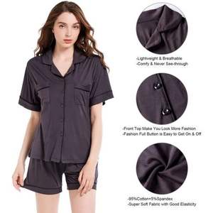 Women's Two-<b>Piece</b> Gray <b>Pajama</b> <b>Set</b> Classic Short Soft Sleepwear with Elastic Waist Buttoned Closure Breathable Nightly ODM Supply - Product Image 5