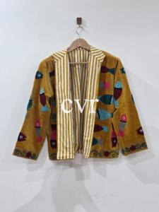 Abrigo de terciopelo vintage bordado con cuello mandarín, manga larga, diseño de peces, hecho a mano, para mujer adulta, ropa exterior informal de invierno - Product Image 2