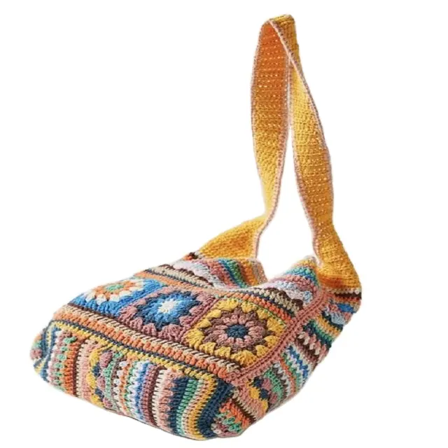 Bohemian Crochet Women Umhängetaschen Granny Square Einkaufstasche Gestrickte Handtaschen Handmade Woven Summer Beach Bag