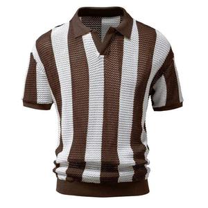 High Quality Men's Polo Shirts knitted Customized LOGO ODM Striped Half Zipper Summer <b>Short</b> <b>Sleeved</b> Turn Down Collar Shirts - Product Image 3