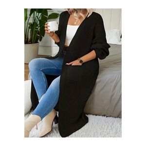 Plus Size <b>Black</b> Draped <b>Long</b> Knit <b>Cardigan</b> <b>with</b> <b>Pockets</b> Women's Fitted 2XL-3XL <b>Cardigan</b> - Product Image 1