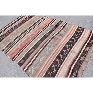 Alfombra Kilim turca vintage de 5,6x8,8 pies, lana de retazos marrón y rojo con respaldo de látex para entrada o dormitorio - Product Image 4