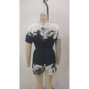 Combinaison courte à une épaule pour femme, à motif floral, avec ceinture, en tissu double fil, 36708 - Noir - Product Image 6