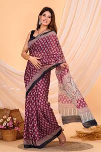 Indian Traditional Cotton Mulmul Hand Drawn Ajrakh Printed Floor-Length Lightweight <b>Saree</b> Blouse New Bollywood Designer Summer - Product Image 4