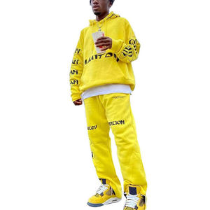 Chándales con estampado de soplo de algodón OEM para hombre, de talla grande Sudadera con capucha, pantalón de retazos, conjuntos para correr apilados - Product Image 1