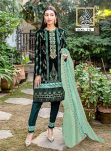 Seda romana pura cuello redondo BOLLYWOOD INSPIRADO Eid y Ramdan mes especial de tres piezas Salwar Kameez con precio al por mayor - Product Image 2