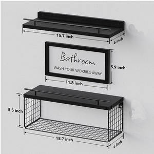 Lot de 3 étagères murales de salle de bain en bois et fer de ferme au-dessus des toilettes avec panier de rangement en papier pour le salon - Product Image 3