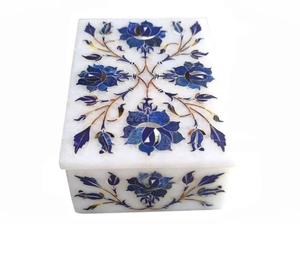 Boîte à bijoux rectangulaire en marbre blanc et lapis-lazuli incrusté, fabrication artisanale, rangement pour bibelots - Product Image 1