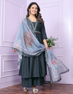 Latest Designer Satin Silk Embroidery Work Anarkali <b>Kurti</b> Set by FabZone - Product Image 5