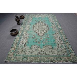 Tapis Turc Vintage 5.7 X 9.8ft Bleu Beige Plat Tissage Laine avec Motif Patchwork pour Salon Décor Couloir Utilisation Latex Soutenu - Product Image 1