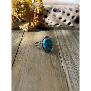 Navajo Handmade <b>Statement</b> <b>Ring</b> Kingman Turquoise Sterling <b>Silver</b> Size 9 Everyday Wear Gemstone <b>Ring</b> Natural Stone Inlay Setting - Product Image 3