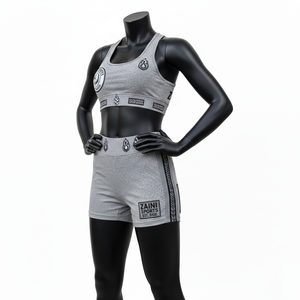 Conjunto de shorts premium para mujer, de poliéster y elastano elástico GSM, gris y negro, con panel gráfico en la cintura y logo termoadhesivo, conjunto de shorts de algodón para mujer - Product Image 4