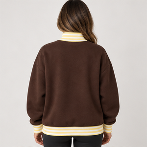 Women's Chocolate Brown Mock Neck <b>Sweatshirt</b> with <b>White</b> Striped Trim Varsity Letters Trackstar OEM Private Label - Product Image 3