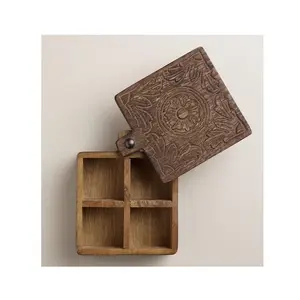 木製スパイスボックスインドの美しい彫刻が施されたマサラボックスインド木製スパイスボックスキッチン用スパイス