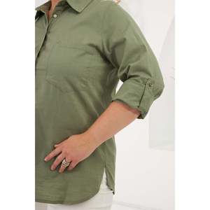 RMG Plus Size Khaki Cotton Linen Blend <b>Shirt</b> with Shoulder <b>Epaulets</b> for Women - Comfortable and Stylish Casual Wear - Product Image 3