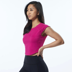 เสื้อเข้ารูปสำหรับผู้หญิง,เสื้อสแปนเด็กซ์95% คอตตอน5% แขนสั้นเข้ารูปสไตล์ Raglan คอกลมสีชมพู - Product Image 3