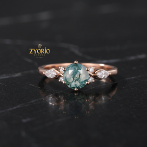 Anillo de Compromiso de Plata de Ley 925 con Ágata Musgosa, Anillo de Hoja de Diamante con Ágata Musgosa Verde Natural, Anillo de Promesa Vintage para Mujer - Product Image 3