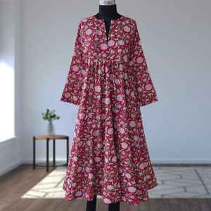 Divya เดรสผ้าฝ้ายแท้พิมพ์ลายบล็อคสำหรับผู้หญิงเดรสยาวบาน - Product Image 5