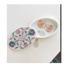 Joyero de mármol hecho a mano único con incrustaciones de nácar, forma ovalada, regalo decorativo de alta calidad, recuerdo de lujo de la India - Product Image 3