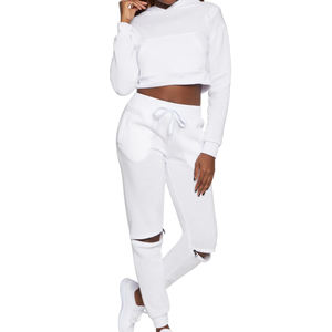 Sudadera con capucha Crop Top Conjuntos de 2 piezas para mujer Biker Manga larga Algodón Logotipo personalizado Dos piezas Lounge Casual Wear para niñas - Product Image 5