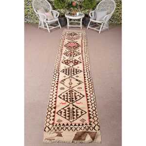 2.5x12.6 ft Vintage Rug, Turkish Runner Rug, <b>Brown</b> Check <b>Wool</b> Rug - Product Image 1