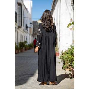 Womens <b>Black</b> Embroidered Maxi Dress Cotton Long Boho Dress With V Neck Button Front Ethnic Resort Wear - Product Image 6