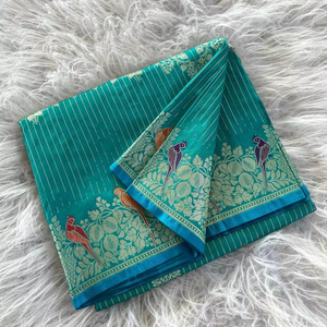 New Designer Traditional Benarasi Mushro <b>Satin</b> Silk Sarees Zari Weaving <b>Blouse</b> Teal Color Jacquard Trending Collection for - Product Image 1