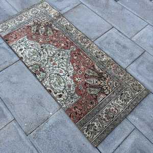 2x4.8 ft Vintage Turkish Small <b>Red</b> Brown Patchwork <b>Wool</b> Rug Eco Friendly with Latex Backing - Product Image 4