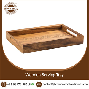 Venta de fábrica, bandeja de servicio hecha a mano de madera con asas, bandeja de servicio de comida de madera de acacia para decoración del hogar, bandeja de servicio hecha en India - Product Image 5