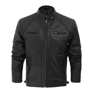 Chaqueta de moto de cuero de piel de vaca con cremallera múltiple para hombre, chaqueta con cuello levantado, temporada de invierno, venta al por mayor - Product Image 1