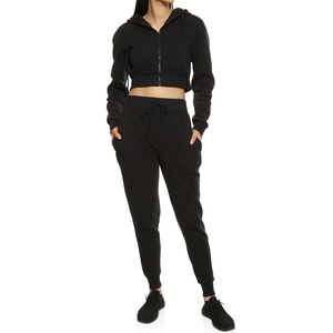 Ensemble deux pièces pour femme, haut court zippé style motard, manches longues à capuche, en coton, vêtement de détente décontracté, jogging d'hiver, lettres brodées - Product Image 2