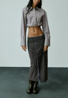 Conception irrégulière femmes col à revers Crop Blouses manches longues boutons décontracté coton court gris ceinturé rayé Crop chemise