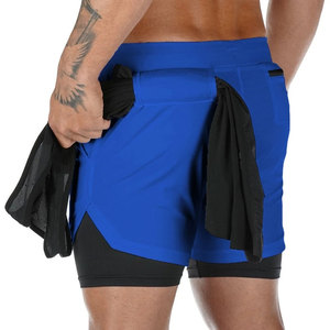 Courir respirant solide décontracté hommes 2 en 1 couches sport piste tissu entraînement taille moyenne Gym Shorts avec poches - Product Image 6