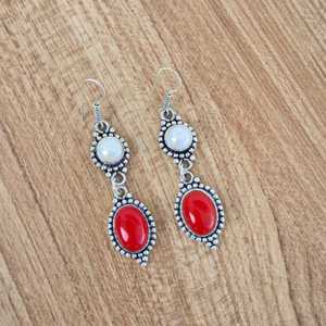 Pendientes de Coral Rojo y Perla con Múltiples Piedras, Plata 925, Hechos a Mano, Cristal, Estilo Boho, Regalo para Ella - Product Image 3