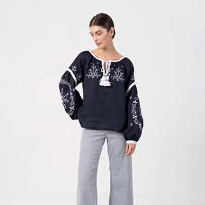 2024 Noir Roumain Brodé Blouse Collection 100% Coton Tops New Look Floral Gland Naturel Taille Lavable Tissé Armure - Product Image 1