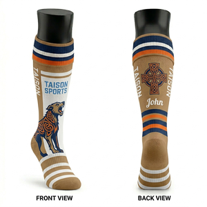 Women Gaelic Football <b>Socks</b> Premium 180 GSM Cotton Nylon Blend Breathable Jacquard Knit Brown White <b>Navy</b> Stripe Custom Logo - Product Image 1