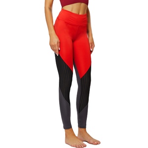 Leggings de yoga en maille pour femmes, pantalons de course à taille haute rouge et gris, pantalons d'entraînement sportifs respirants et extensibles - Product Image 2