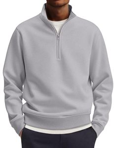 Men's Gray Quarter Zip Knitted Sweatshirt Regular Fit Solid Color Casual Stand Collar Autumn Wear - Product Image 1