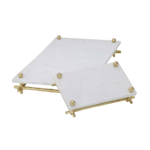Nouveau plateau de service en marbre blanc avec incrustation en laiton, poignée en métal, style américain, écologique, fait main, plateau de mariage - Marque TQC - Product Image 4
