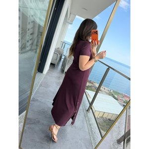 Robe longue en modal à manches courtes pour femme avec détails boutonnés sur les deux côtés, 37292 - Bourgogne - Product Image 2
