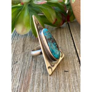 Delbert Shirley Bohemian Fashionable Kingman Turquoise & Sterling Silver <b>Adjustable</b> <b>Ring</b> Bezel Setting Inlay for Size 7.5 Gift - Product Image 3